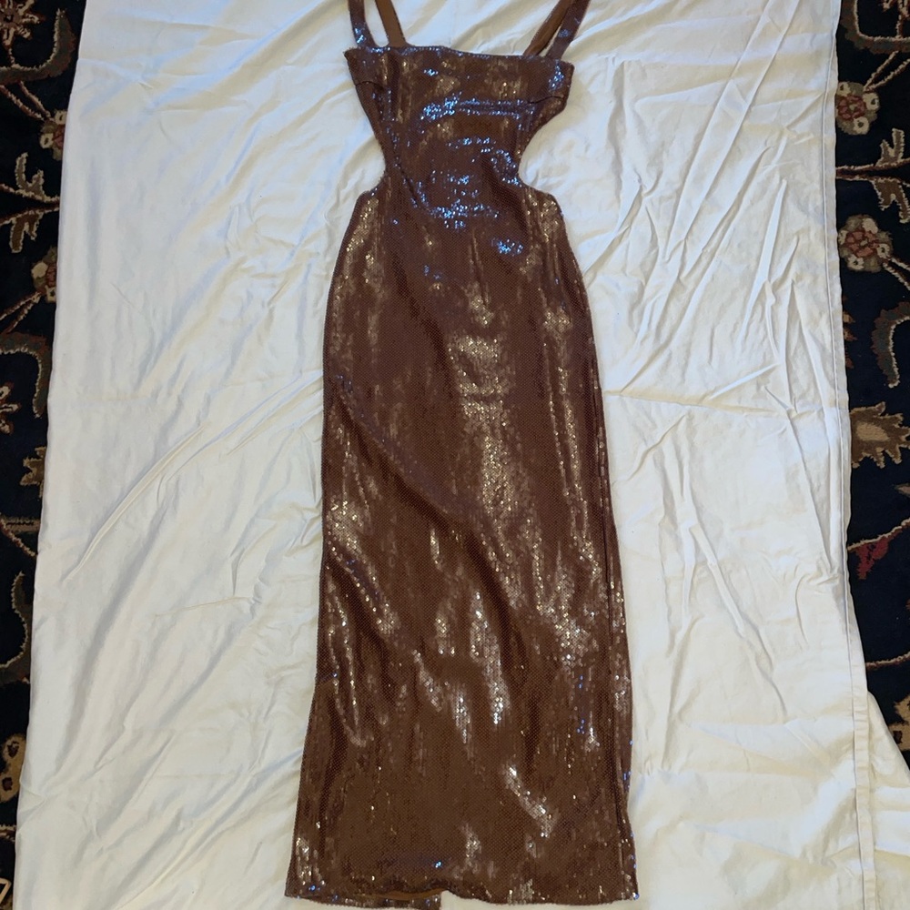 Meshki Brown Sheath Cocktail Dress Spaghetti Strap